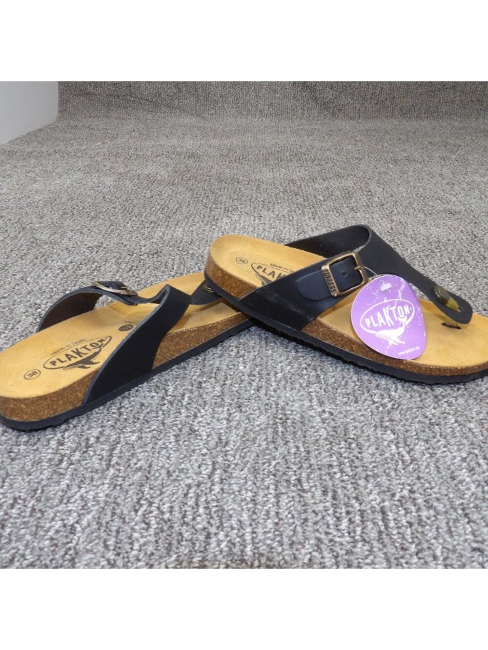 Plakton Women's Black Leather Cork Sole Sandals Size 7 EU 38 With Adjustable Str - Picture 2 of 5